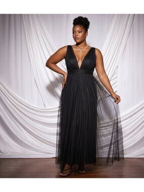 Windsor Black Tulle Maxi Dress With Deep V-Neck And Spaghetti Straps size small